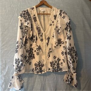 Allison New York Blouse Ruffled Long Sleeve Beige/Black Floral Women’s Sz XS